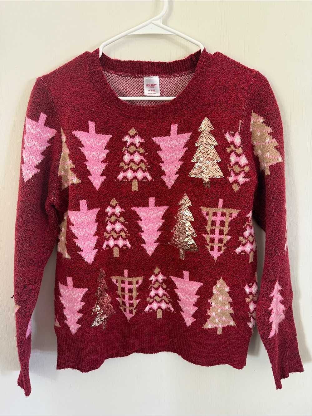 Holiday Time Red Crewneck Sweater with Pink & Gold Tree Motifs